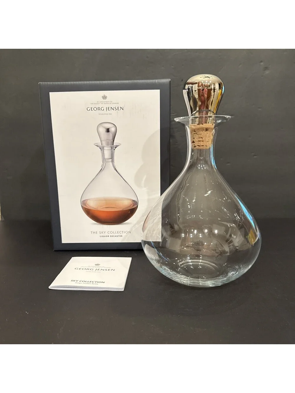 New Georg Jensen The Sky Collection Stainless Steel & Glass Liquor Decanter 10”H